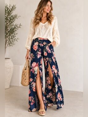 Essue Navy Floral Wide Leg Pants Thigh-High Slit Palazzo M